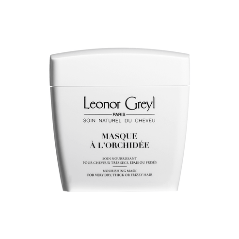 Leonor Greyl Masque Orchidee hair mask for frizz control in white jar packaging. Ideal for thick, dry, or frizzy hair care treatment.