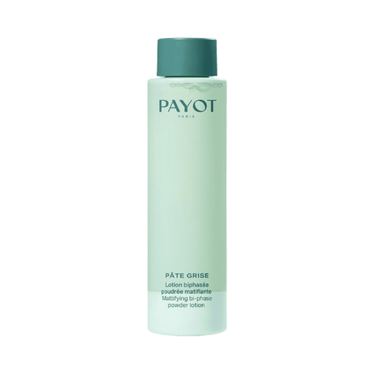 Payot Bi-Phase Powder Lotion - Matifying toner for fet hud i en elegant grønn flaske. Ideell for å redusere glans og urenheter på ansikt og hals.