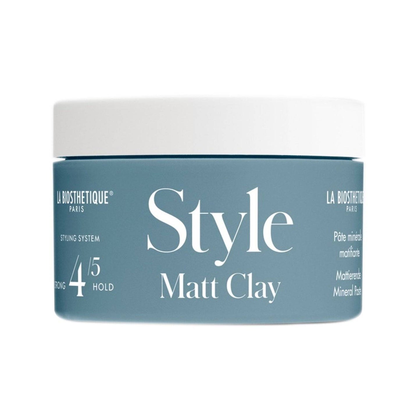 La Biosthetique Matt Clay - Matt Styling Clay with strong 4/5 hold in a blue jar. Ideal for textured, matte hair finishes in hair styling routines.