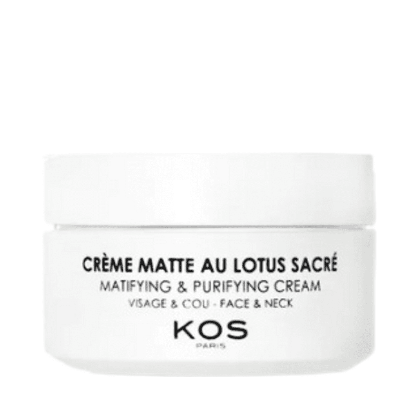 Kos Paris Matte Cream with Sacred Lotus in a white jar, a mattifying face cream for oily skin that purifies and hydrates the face and neck.