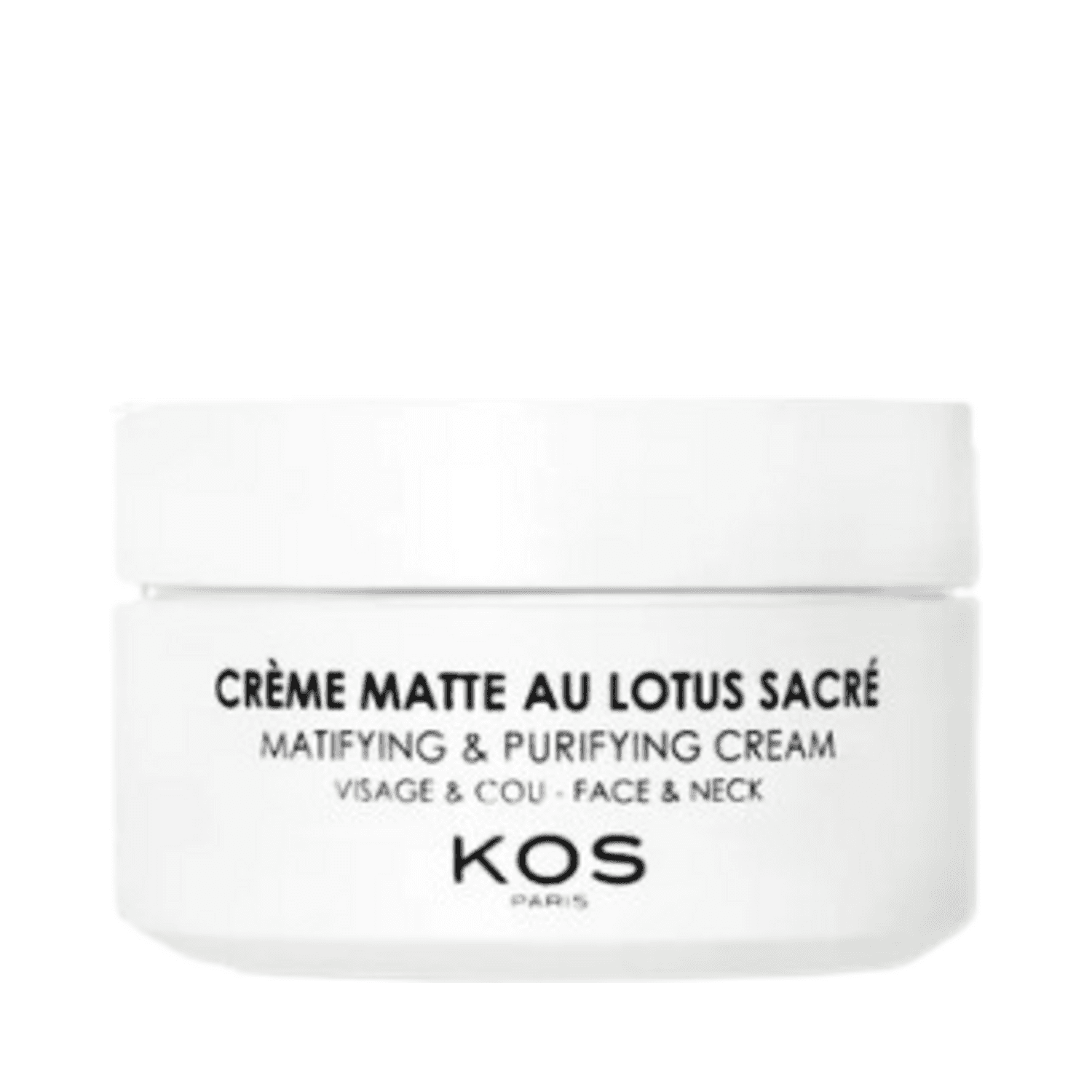 Kos Paris Matte Cream with Sacred Lotus in a white jar, a mattifying face cream for oily skin that purifies and hydrates the face and neck.
