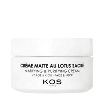 Kos Paris Matte Cream with Sacred Lotus in a white jar, a mattifying face cream for oily skin that purifies and hydrates the face and neck.
