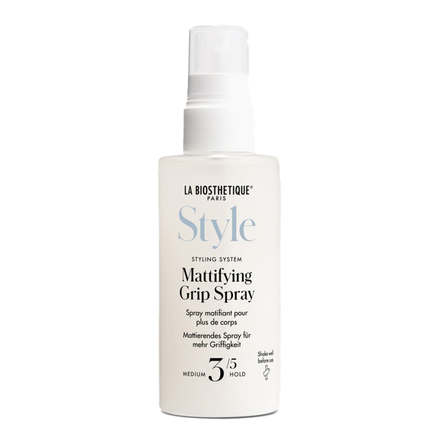 La Biosthetique Mattifying Grip Spray for hair styling with 3/5 hold. Enhances volume and provides a matte finish for structured hairstyles.