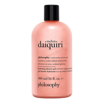 Philosophy Melon Daiquiri Hydrating Shower Gel in 480ml bottle offers luscious lather and skin-hydrating benefits for a refreshing bath experience.
