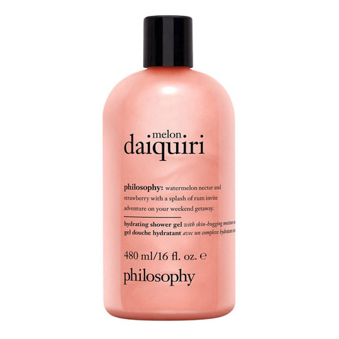 Philosophy Melon Daiquiri Hydrating Shower Gel in 480ml bottle offers luscious lather and skin-hydrating benefits for a refreshing bath experience.