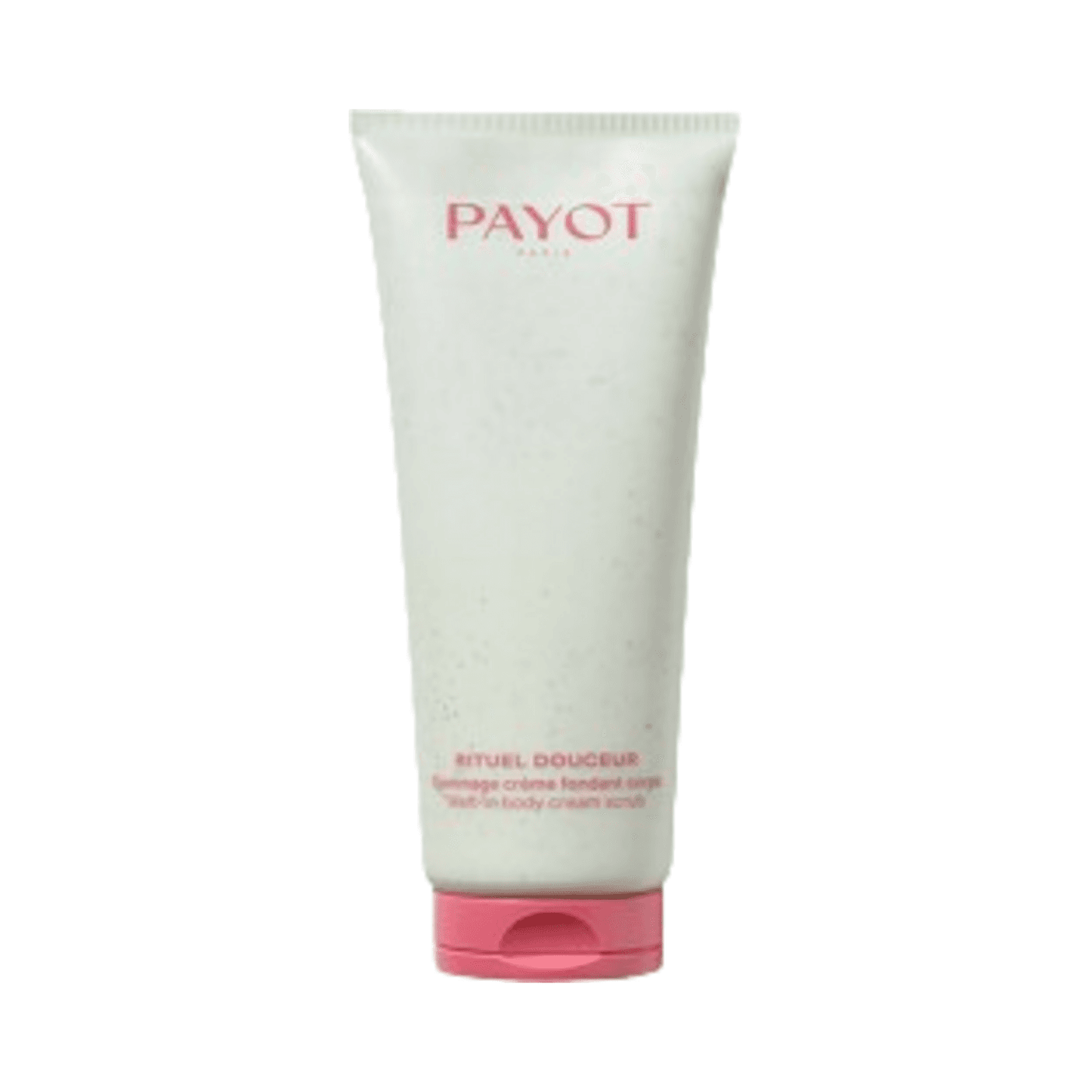 Payot Melt-In Body Cream Scrub in a white and pink tube, ideal for exfoliating and smoothing skin by removing dead cells.