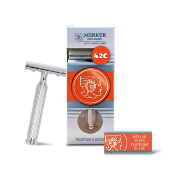 Merkur 42C 3-Piece DE Safety Razor, Closed Comb, Classic 1906 Etched Handle, Chrome