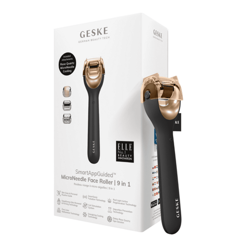 Geske MicroNeedle Face Roller 9 in 1 packaging showcasing the device and its features for anti-aging and skin rejuvenation in personal care.