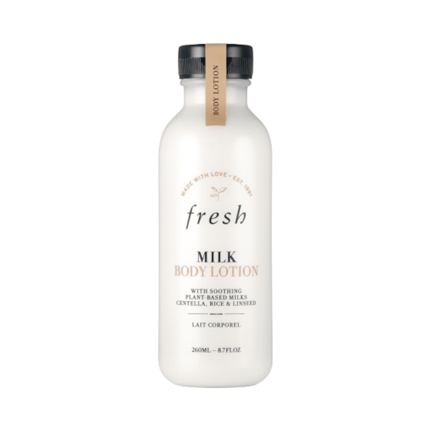 Fresh Milk Body Lotion for deep hydration and skin barrier support, featuring centella, rice, and linseed in a sleek personal care bottle.