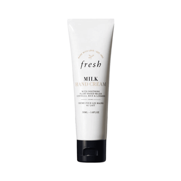 Fresh Milk Hand Cream 50ml tube with black cap, ideal for hydrating and protecting dry hands. Smooth texture enriched with plant-based milks.