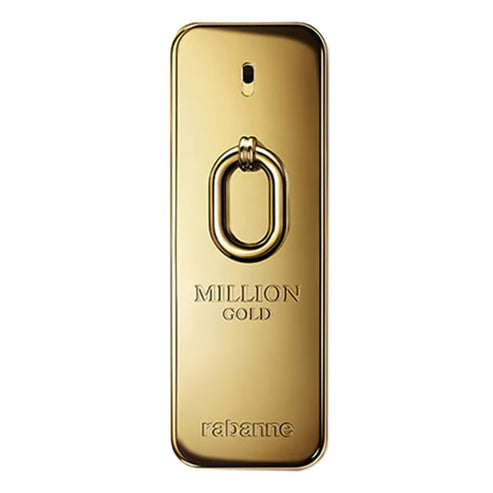 Paco Rabanne Million Gold Eau de Parfum Intense for men, featuring a bold gold rectangular bottle with metallic ring design.