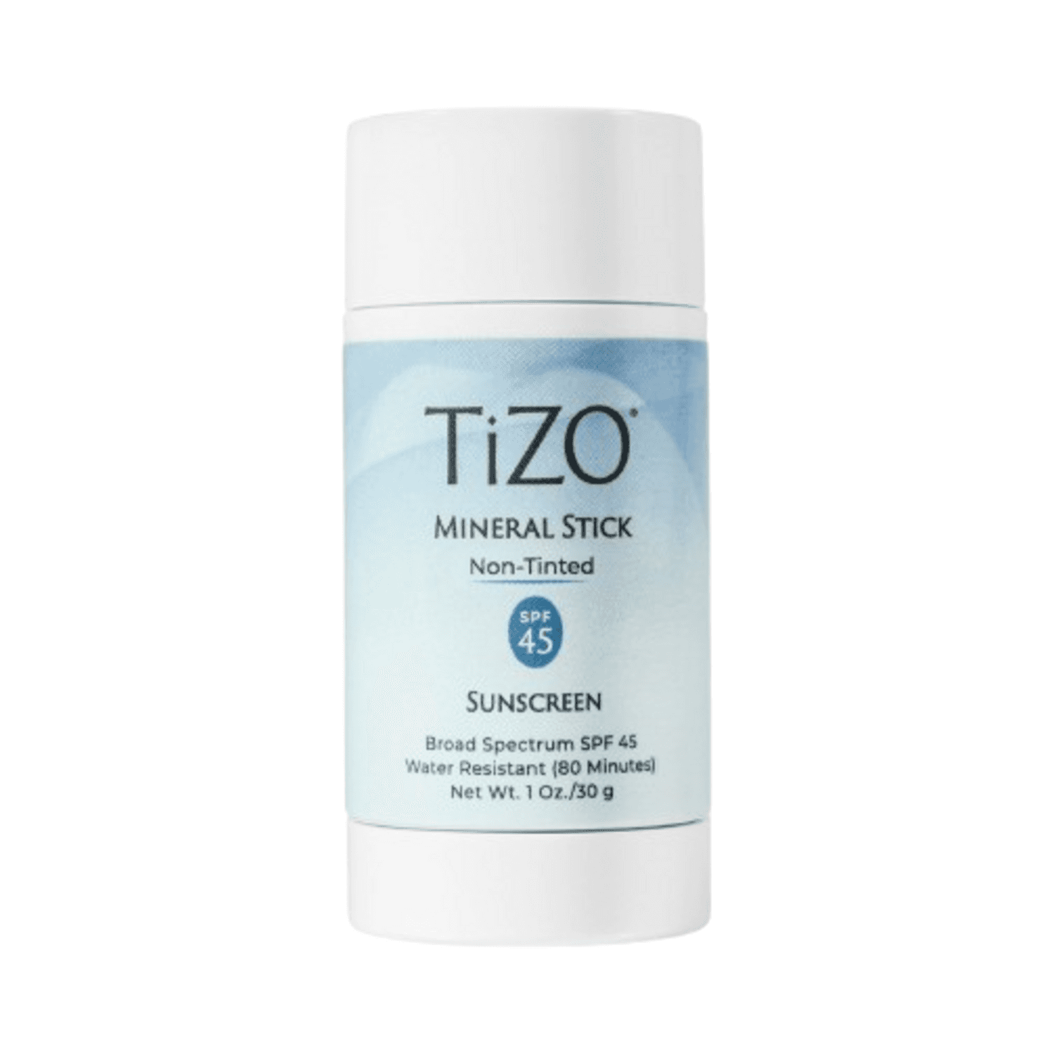 TiZO Mineral Stick Non Tinted Sunscreen SPF 45 in a compact white and blue container, ideal for daily antioxidant skin protection.