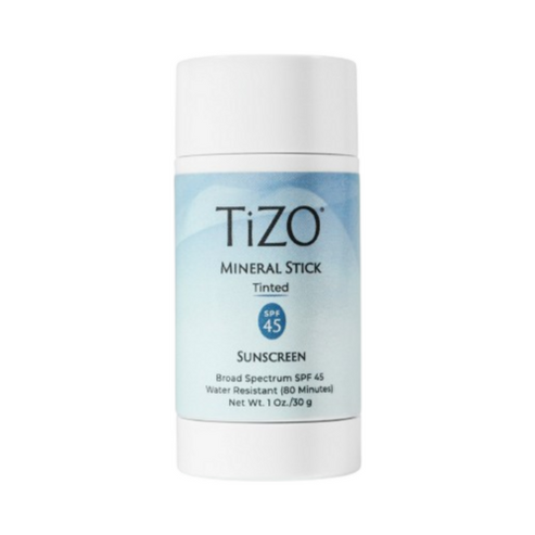 Front view of TiZO Mineral Stick Tinted SPF 45 with antioxidant C E, designed for broad-spectrum sun protection.