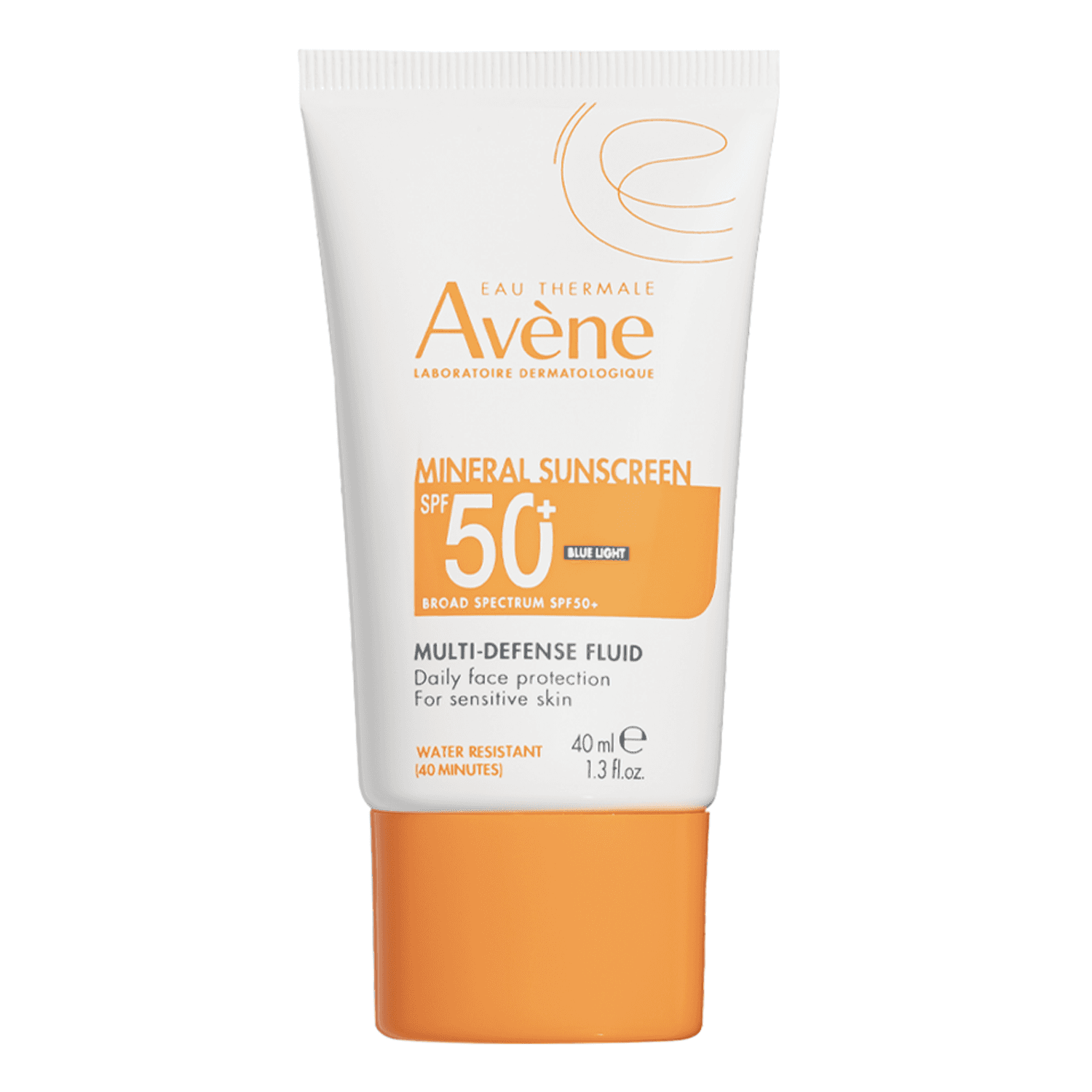 Avene Mineral SPF 50+ Sun Protection Multi-Defense Fluid in 40ml tube, lightweight sunscreen for sensitive skin. Water-resistant for 40 minutes.