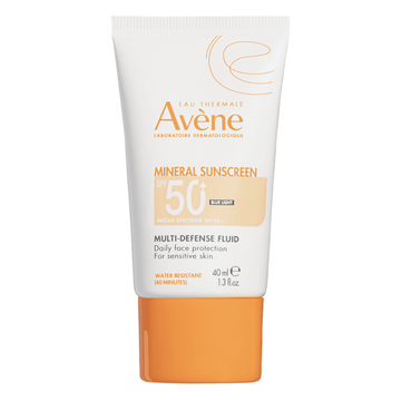 Avene Mineral Tinted Sunscreen SPF 50+ tube with orange cap, offering lightweight broad-spectrum UV and blue light protection for sensitive skin.
