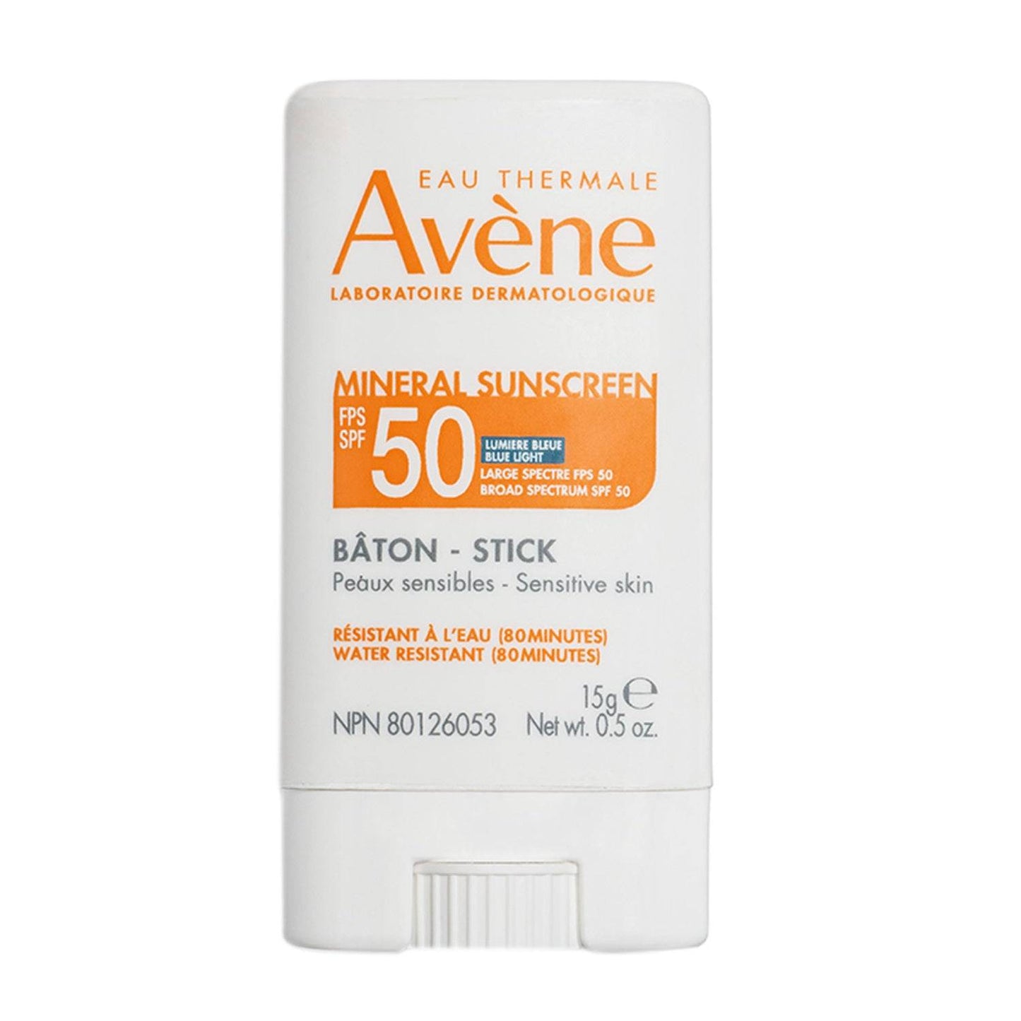 Avene Mineral Sunscreen Stick SPF 50 for sensitive skin, water-resistant for 80 minutes. Compact 15g stick ideal for face and on-the-go use.