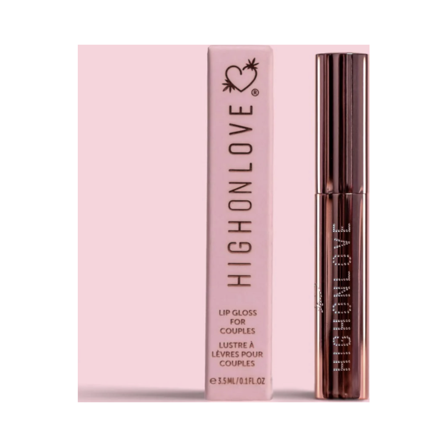 High on Love Mini Lip Gloss with product box labeled 'Lip Gloss for Couples', 3.5 ml lip balm & treatment from eSkinStore.