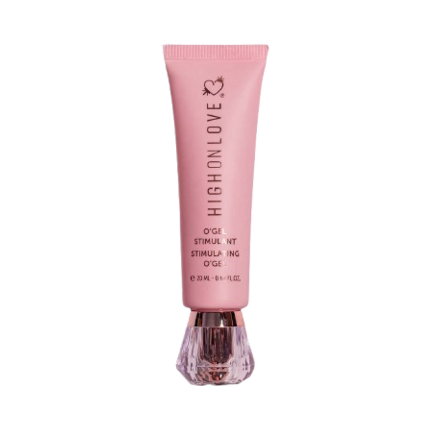 High on Love Mini Stimulating O Gel Body Oil in a 20 ml pink tube with crystal-like cap, ideal for personal care and body stimulation.