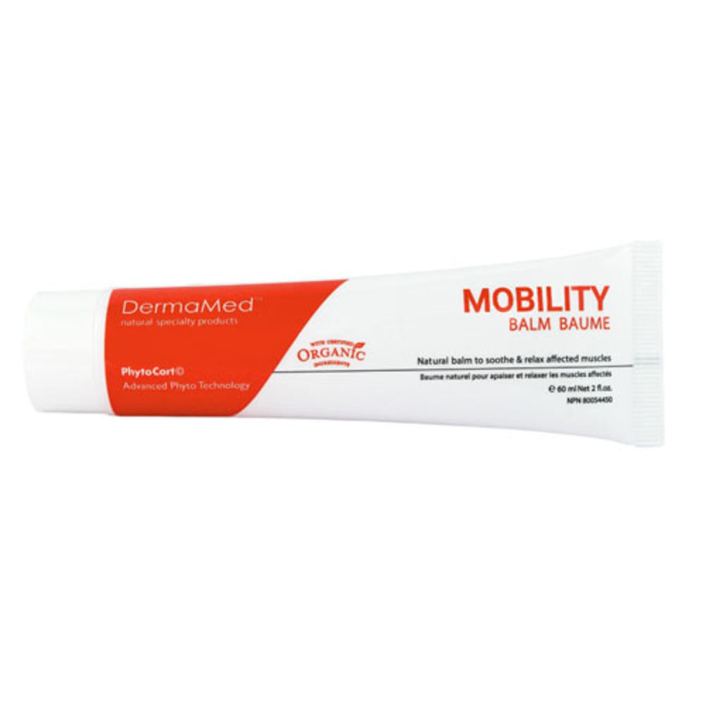 Horizontal tube of DermaMed Mobility Balm featuring PhytoCortO technology for soothing inflamed tissues and relieving muscle discomfort naturally.
