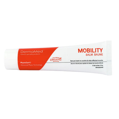 Horizontal tube of DermaMed Mobility Balm featuring PhytoCortO technology for soothing inflamed tissues and relieving muscle discomfort naturally.