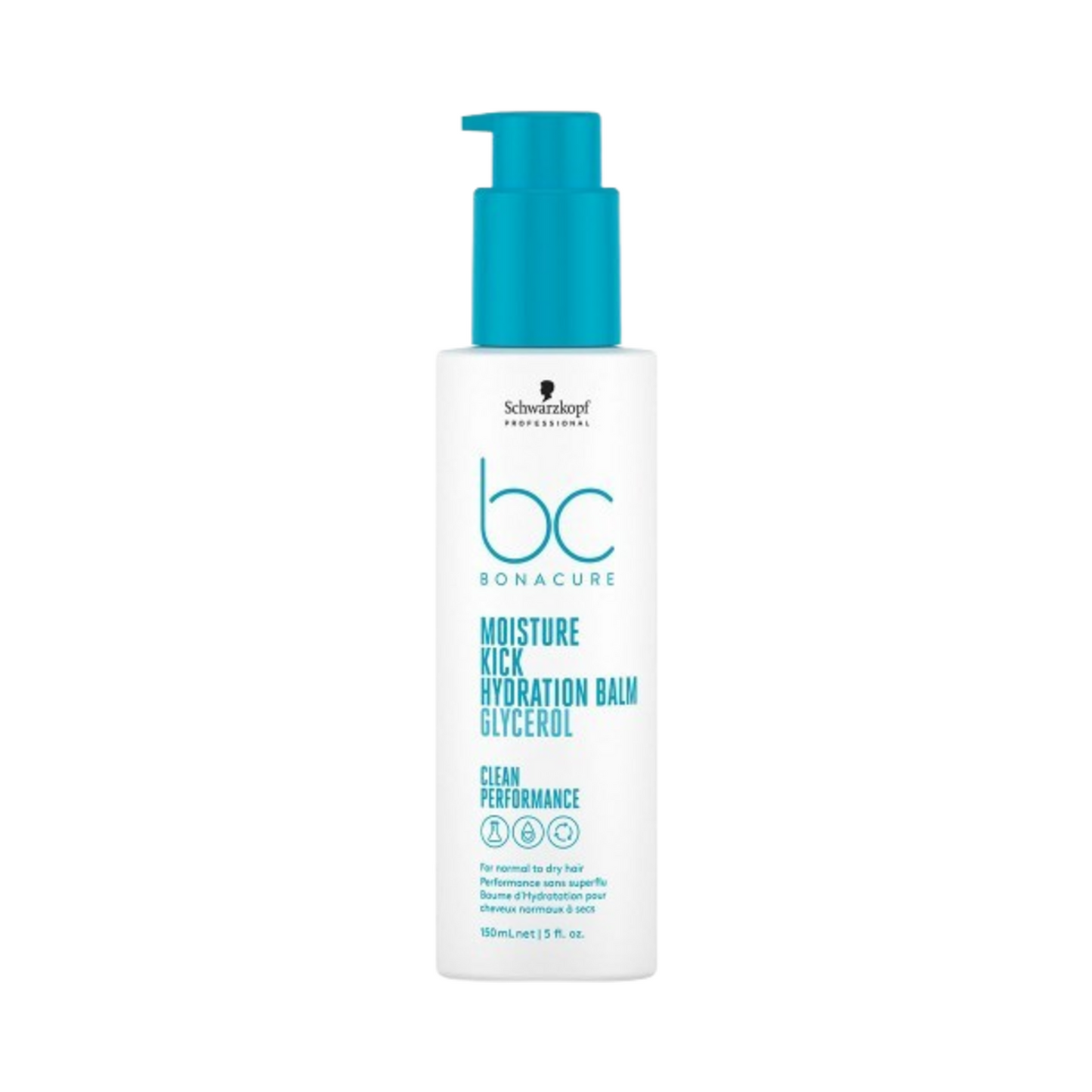 Schwarzkopf Bonacure Moisture Kick Hydration Balm Hair Treatment with glycerol, ideal for dry hair, 5.07 fl oz size in sleek white packaging.