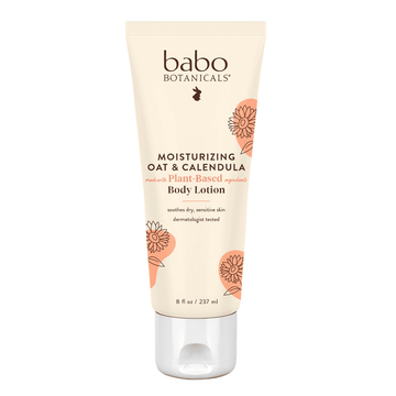 Babo Botanicals Moisturizing Oat and Calendula Body Lotion in 8 oz tube for sensitive skin. Plant-based body care ideal for dry, irritated skin.