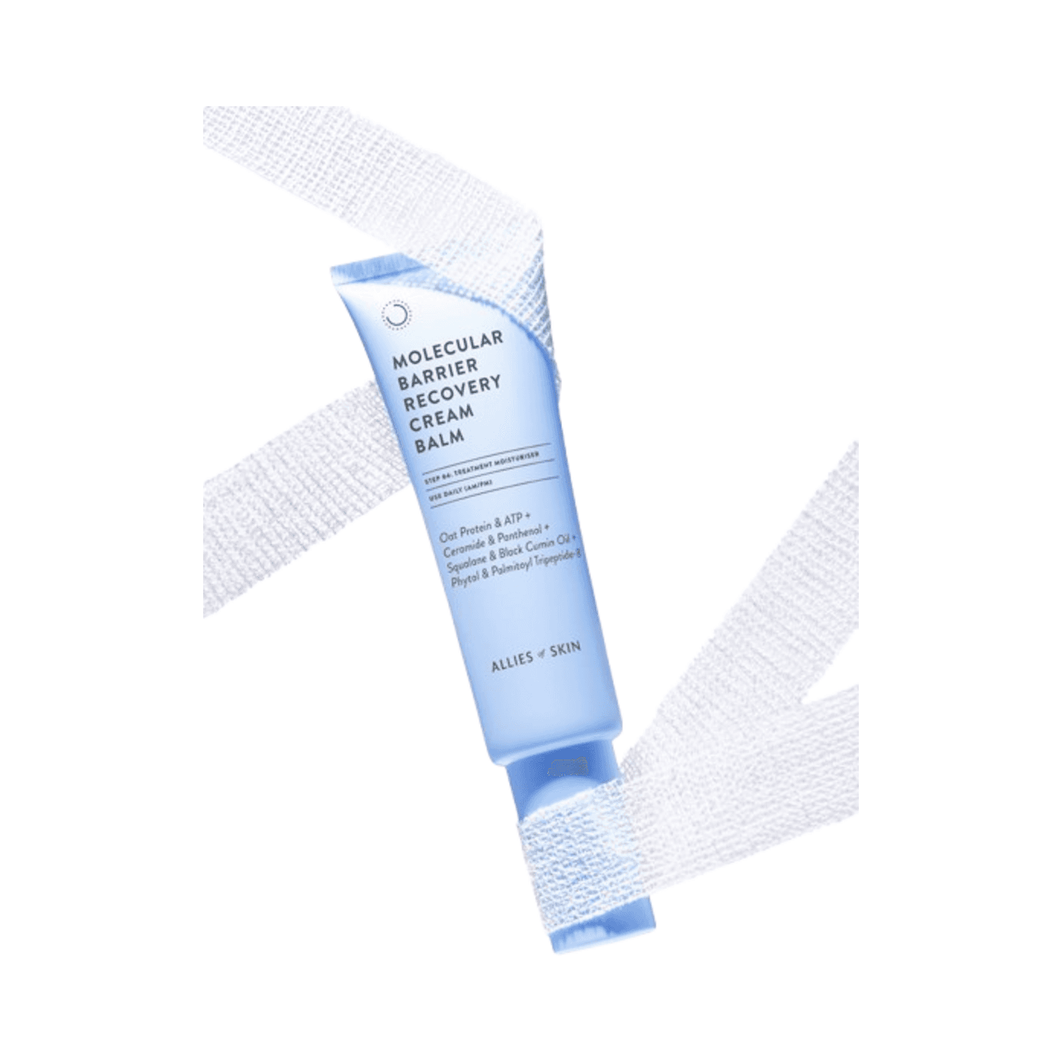Allies of Skin Molecular Barrier Recovery Cream Balm displayed with textured fabric, emphasizing its soothing skin barrier benefits.