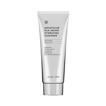 Allies of Skin Molecular Silk Amino Hydrating Cleanser in sleek silver tube, ideal for dry skin with silk amino acids and vitamins.