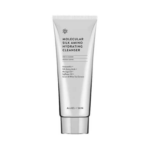 Allies of Skin Molecular Silk Amino Hydrating Cleanser in sleek silver tube, ideal for dry skin with silk amino acids and vitamins.
