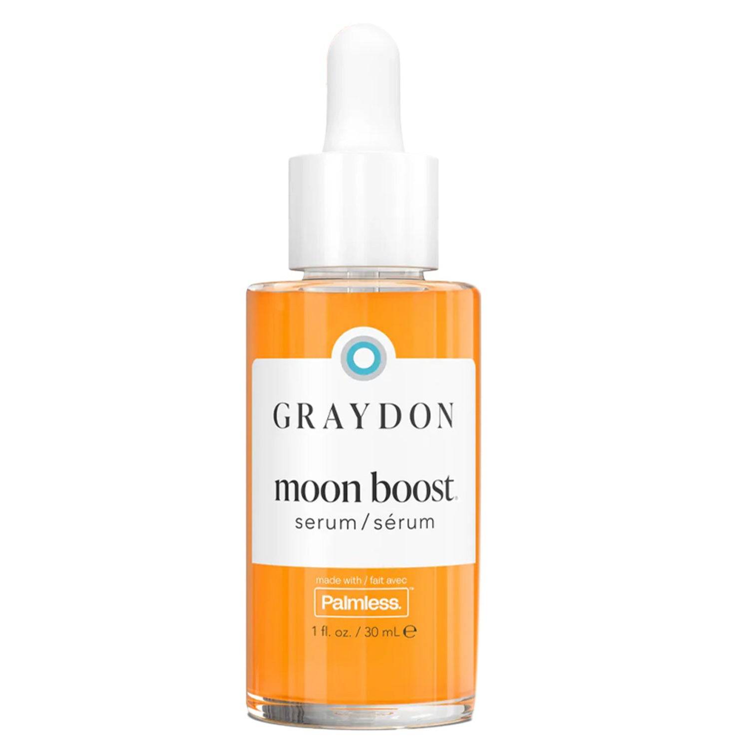 Graydon Moon Boost Serum in 30mL dropper bottle, a brightening multivitamin face oil for dull, uneven skin. Ideal for firming and enhancing glow.