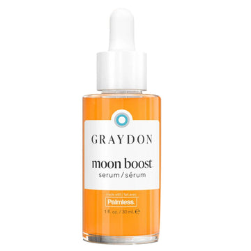 Graydon Moon Boost Serum in 30mL dropper bottle, a brightening multivitamin face oil for dull, uneven skin. Ideal for firming and enhancing glow.