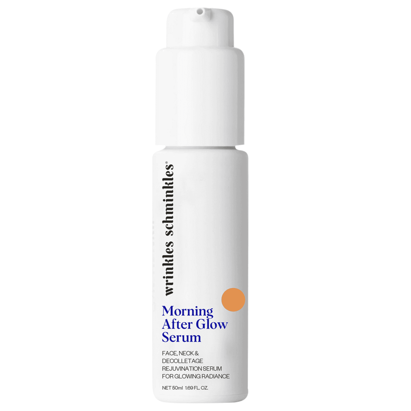 Wrinkles Schminkles Morning After Glow Serum for face, neck, and décolletage in a white pump bottle. Anti-aging serum for daily use.
