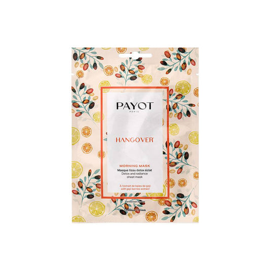 Payot Morning Mask - Masque en tissu éclat détox Hangover dans un emballage vibrant sur le thème des agrumes, parfait pour une réinitialisation rapide de la beauté.