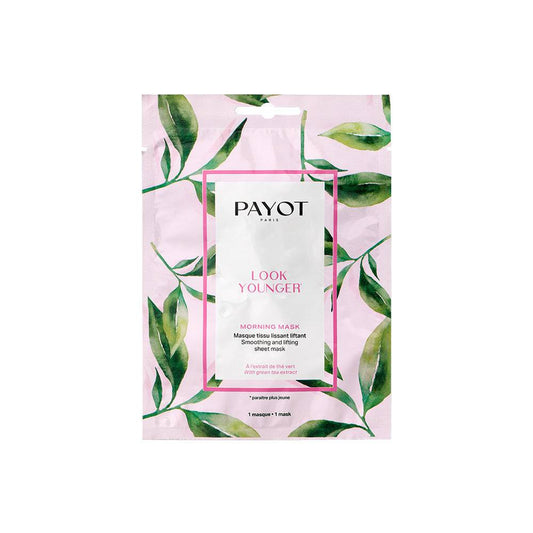 Payot Morning Mask - Look Younger engångsansiktsmask i blommig förpackning, idealisk för snabb hudvårdsboost och anti-aging behandling.