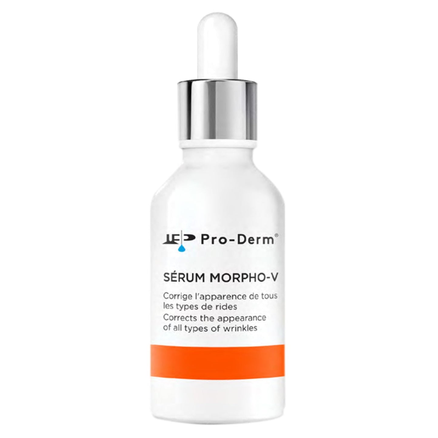 ProDerm Morpho V-Serum wrinkle corrector serum in white dropper bottle with orange label, designed for intensive correction of all wrinkle types.
