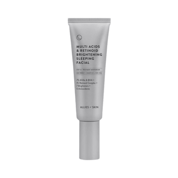 Allies of Skin Multi Acids Retinoid Facial in silver tube for overnight brightening. Features 7% AHAs, BHA, and 1% Retinoid for smoother skin.