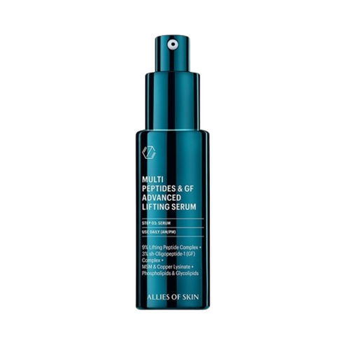 Anti-aging Allies of Skin Multi Peptides Serum with growth factors in sleek teal packaging. Designed for sensitive skin and visible wrinkle reduction.