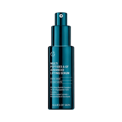 Allies of Skin Multi Peptides Serum in teal bottle for advanced lifting and anti-wrinkle care. Ideal for face and neck treatment in skincare routines.