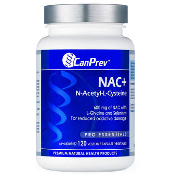 CanPrev NAC+ anti aging supplement with 600 mg NAC, L-Glycine, and Selenium for cellular protection in a 120 vegetable capsule bottle.