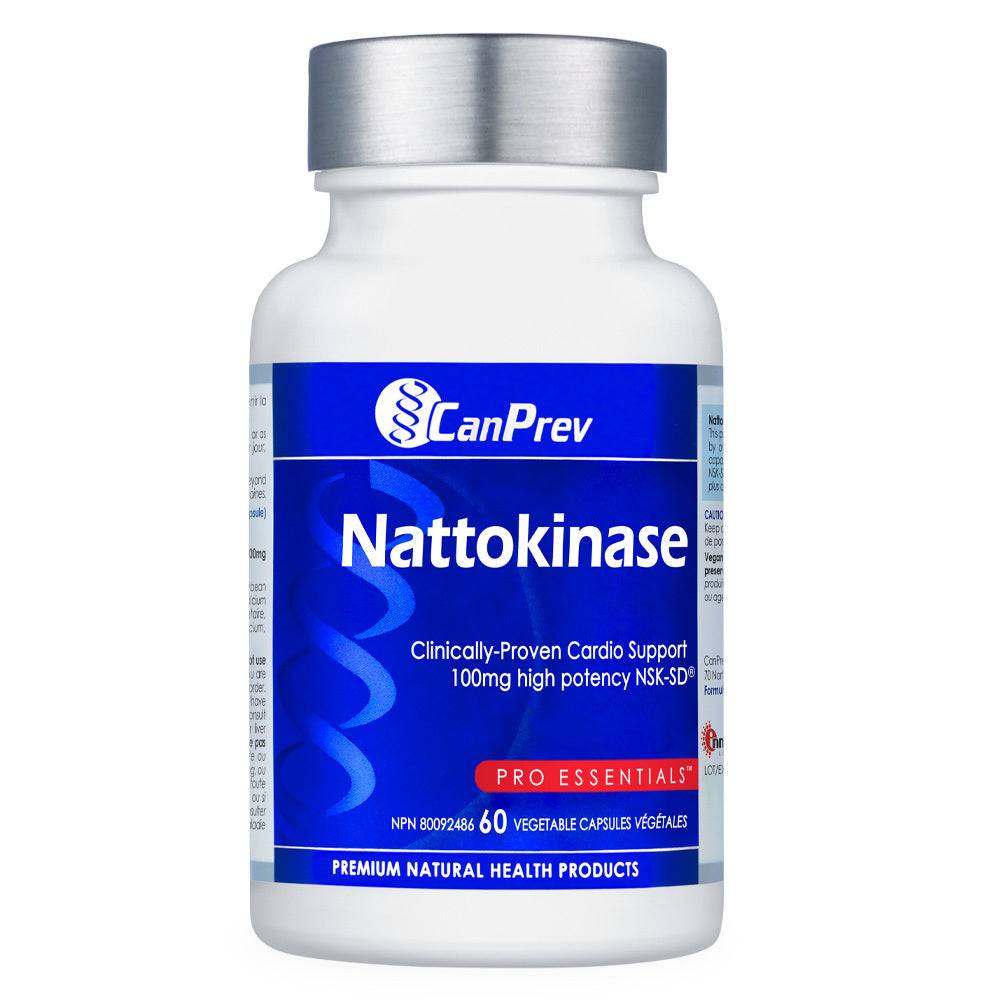 CanPrev Nattokinase supplement bottle with 60 veggie capsules, formulated with NSK-SD for cardiovascular health and improved blood flow.