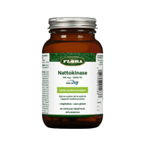 Flora Nattokinase NSK-SD 100 mg enzyme supplement in amber bottle, supports cardiovascular health with 2000 FU per capsule. Vegan and gluten-free.