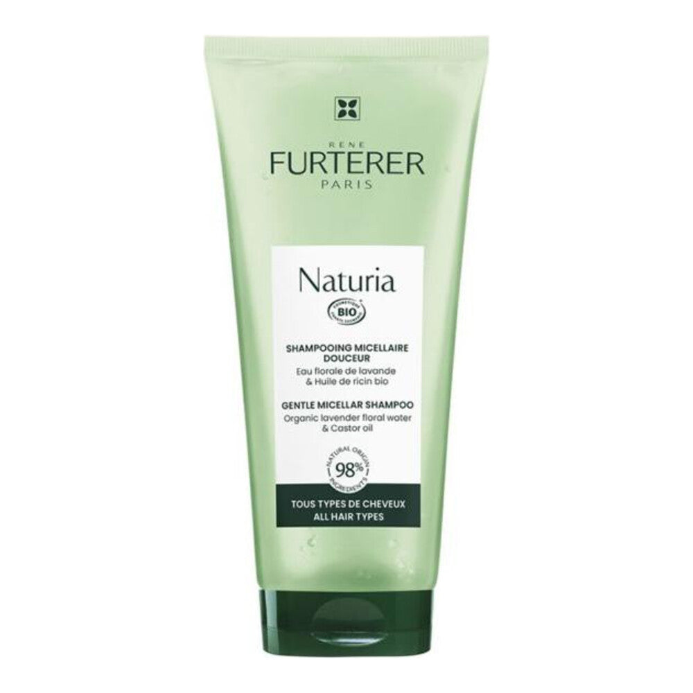 Rene Furterer Naturia Gentle Micellar Shampoo in 98% natural formula, designed for daily hair care and scalp hydration in a green tube.