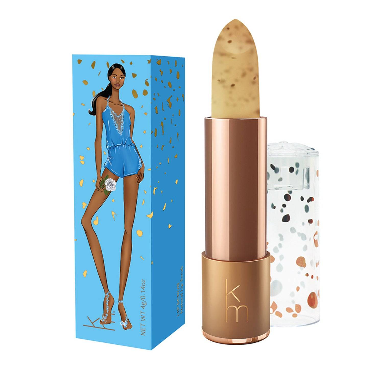 Karen Murrell Lip Scrub in beige tone with exfoliating particles, 4 ml natural formula in lipstick tube with illustrated blue box packaging.