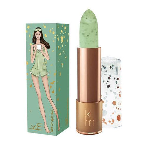 Karen Murrell Lip Scrub in pink rose tone, 4 ml natural exfoliating treatment in lipstick tube with illustrated pink box packaging.