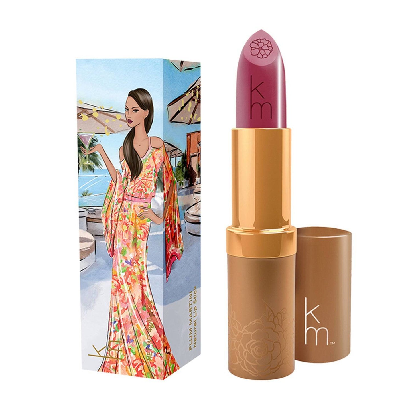 Karen Murrell Lip Tint in coral red with gold tube and beach-themed box showing a woman in white. Natural lip color with nourishing ingredients for daily wear.