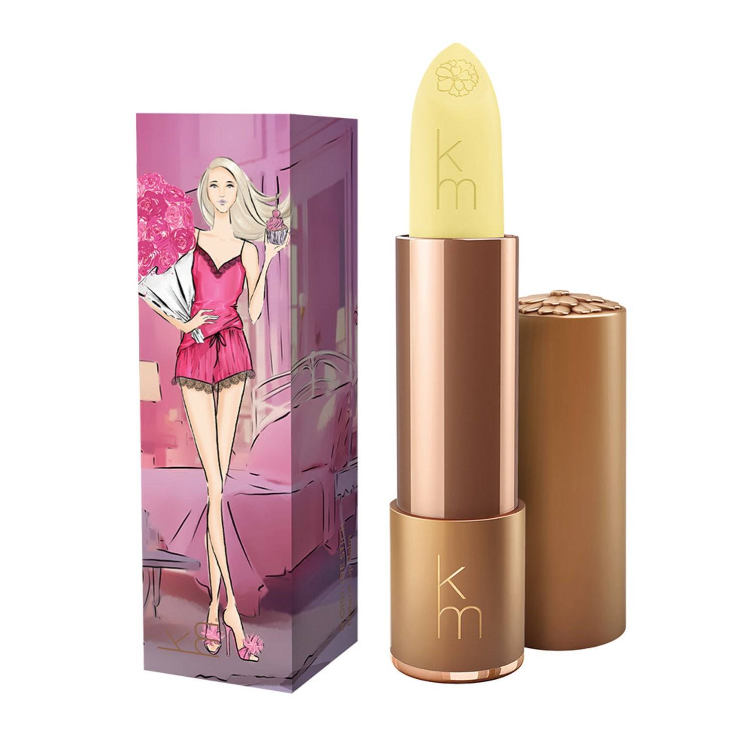 Karen Murrell Moisture Stick 01 natural lip balm featuring beeswax and jojoba oil. Stylish lipstick-style tube ideal for daily lip care.