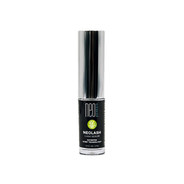 NeoGenesis NeoLash eyelash growth serum in sleek silver and black tube, ideal for enhancing lash length and thickness with lactic acid formula.