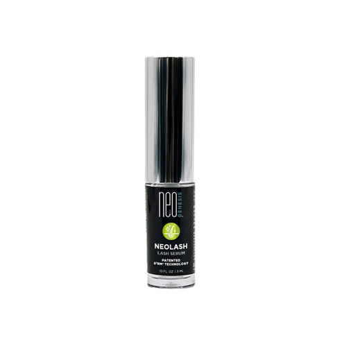 NeoGenesis NeoLash eyelash growth serum in sleek silver and black tube, ideal for enhancing lash length and thickness with lactic acid formula.