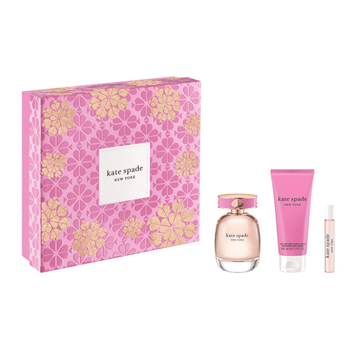 Kate Spade EDP Gift Set Trio from eSkinStore featuring a floral pink box with Eau de Parfum, body lotion, and travel spray for women.