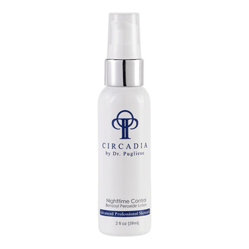 Circadia Night Time Control 2 oz face serum with benzoyl peroxide for acne treatment, available at eSkincareStore. White bottle with pump dispenser.